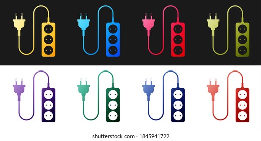 Set Electric extension cord icon isolated on black and white background. Power plug socket. Vector.