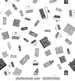 Set Electric extension cord, LED light bulb, Car battery and Battery on seamless pattern. Vector