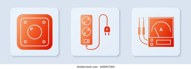 Set Electric extension cord, Electric light switch and Ampere meter, multimeter, voltmeter. White square button. Vector