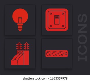 Set Electric extension cord, Light bulb, Electric light switch and Nuclear power plant icon. Vector