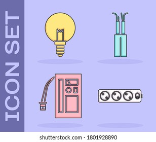 Set Electric extension cord, Light bulb, Battery and Electric cable icon. Vector
