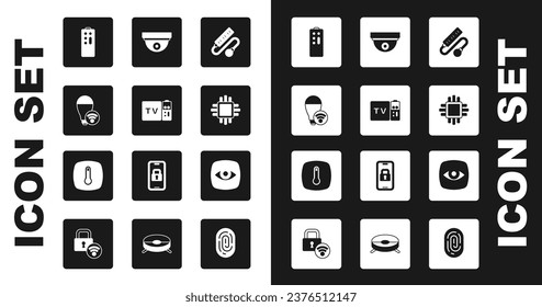 Ajuste Cable de extensión eléctrico, receptor de caja de TV y multimedia, bombilla inteligente, control remoto, procesador con CPU, sensor de movimiento, cámara de seguridad e icono de termostato. Vector