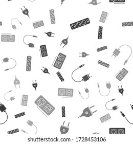 Set Electric extension cord, Electric plug, Charger and Electrical outlet on seamless pattern. Vector