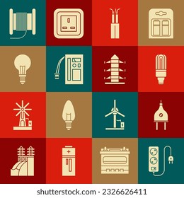 Set Electric extension cord, plug, LED light bulb, cable, Battery, Light with concept of idea, Wire electric reel drum and High voltage power pole line icon. Vector