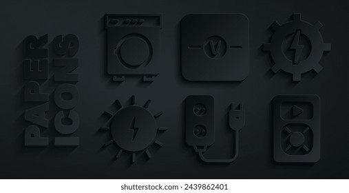 Set Elektrische Erweiterung, Getriebe und Blitz, Solarenergiekollektor, Musik-Player, Voltmeter und Waschmaschine Symbol. Vektor