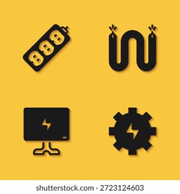 Set Elektrische Erweiterung, Getriebe und Blitz, Smart TV und Kabel-Symbol mit langem Schatten. Vektorgrafik