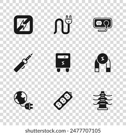 Set Electric extension, Magnet, tower line, meter, Electrical outlet, No lightning, plug and Soldering iron icon. Vector