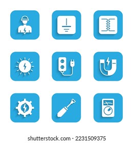 Set Electric extension, Screwdriver, Ampere meter, multimeter, Magnet, Gear and lightning, Solar energy panel, Electrical transformer and Electrician icon. Vector