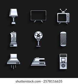 Set Electric fan, iron, Remote control, Stereo speaker, Kitchen extractor, Blender, Television and Table lamp icon. Vector