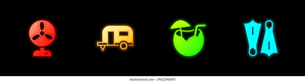 Set Electric fan, Rv Camping trailer, Coconut cocktail and Rubber flippers for swimming icon. Vector