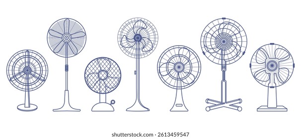 Set of electric fans. Collection of various fan designs. Outline illustration  in blue color.