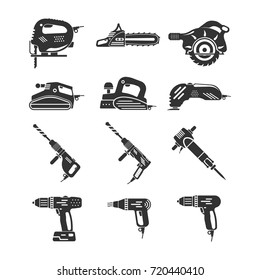 Set of electric and gasoline tools in black and white stile. Vector illustration isolated on a white background.