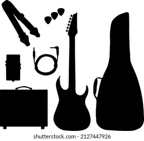 Set electric guitar with case, amplifier, pick, strap and cable in silhouette style on a white background, vector