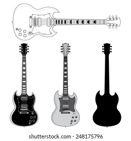 Set of Electric Guitar Silhouettes Isolated on White Background. Vector Image