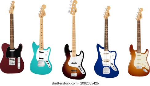 A set of electric guitars of different shapes and bass realistic vector illustration isolated on the white background 