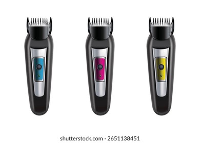Set of electric hair clippers with different button colors. Perfect for barbershop, grooming, and styling visuals.