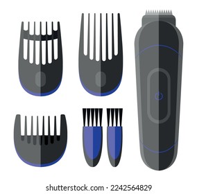 Set of electric hair clippers in a flat style. Vector illustration of hairdressing equipment, hair clipper and interchangeable nozzles isolated on white background.