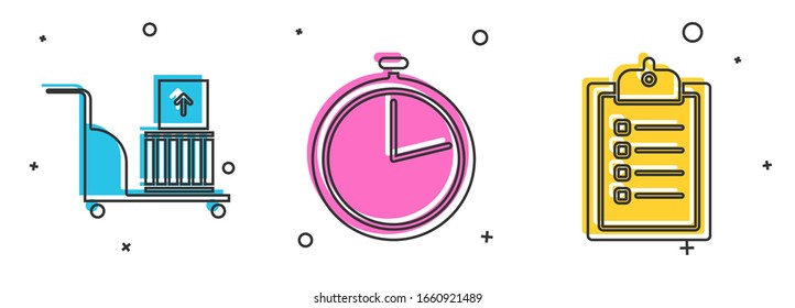 Establecer coche y cajas de mano eléctrica , Detener reloj y Verificación del icono del portapapeles de la lista de entrega. Vector