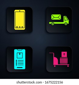 Set Electric hand truck and boxes , Mobile phone with app delivery tracking, Mobile phone with app delivery tracking  and Post truck . Black square button. Vector