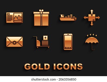 Set Electric hand truck and boxes, Cardboard with traffic symbol, Umbrella rain drops, Mobile phone app delivery tracking, Envelope, Cargo ship service, Postcard and Gift icon. Vector