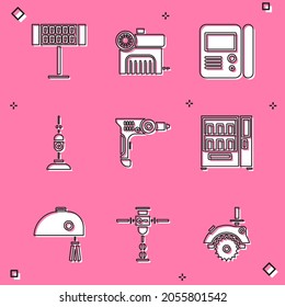 Set Electric heater, Air compressor, House intercom system, Vacuum cleaner, drill machine and Vending icon. Vector