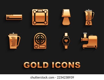 Set Electric heater, Blender, Kitchen meat grinder, Smart watch showing heart beat rate, Measuring cup, Table lamp, Air conditioner and Bathroom scales icon. Vector