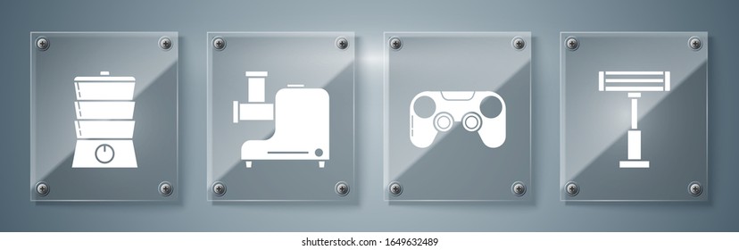 Set Calefacción eléctrica , Gamepad , Molino de carne de cocina y caldera doble . Paneles de vidrio cuadrado. Vector