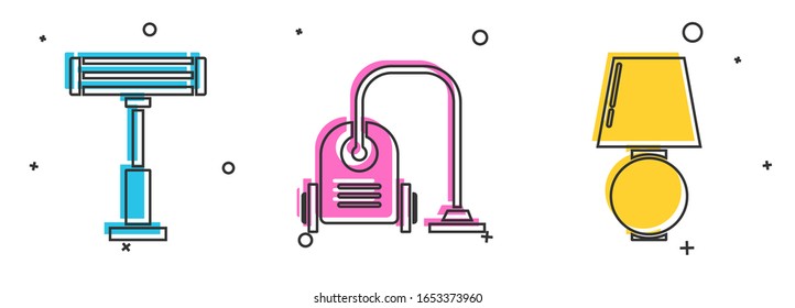 Set Electric heater , Vacuum cleaner  and Table lamp  icon. Vector