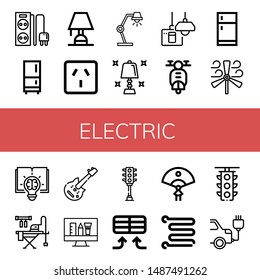 Set Of Electric Icons Such As Power Strip, Fridge, Lighting, Socket, Lamp, Table Lamp, Turn Off, Scooter, Wind Turbine, Creative, Ironing Board, Electric Guitar, Idea , Electric