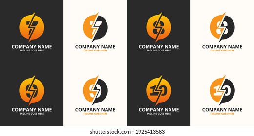 Set Electric Initial Number Logo Icon Template. Illustration Vector Graphic. Design Concept Electrical Bolt And Electric Plugs With Number Symbol. Perfect For Corporate, More Technology Brand Identity