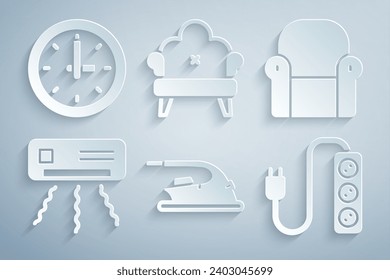 Set Electric iron, Armchair, Air conditioner, extension, Sofa and Clock icon. Vector