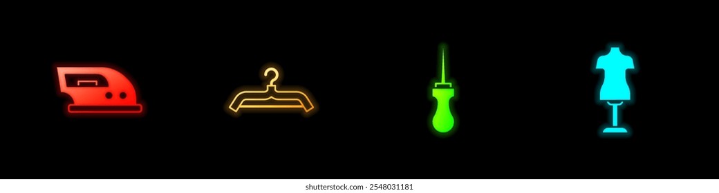 Set Electric iron, Hanger wardrobe, Awl tool and Mannequin icon. Vector