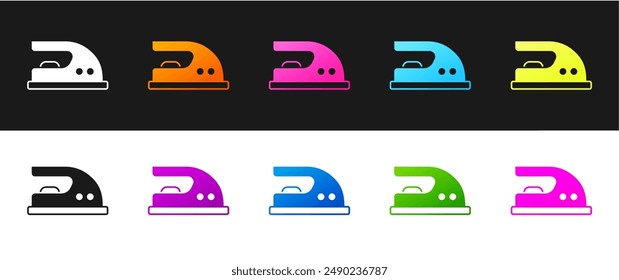 Conjunto Icono de hierro eléctrico aislado sobre fondo blanco y negro. Plancha de vapor.  Vector
