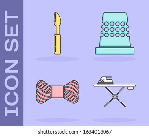 Set Electric iron and ironing board, Cutter tool, Sewing thread on spool and Thimble for sewing icon. Vector