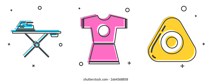 Set Electric iron and ironing board, Woman dress and Sewing chalk icon. Vector
