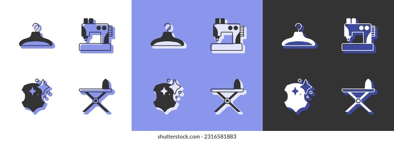 Set Electric iron and ironing board, Hanger wardrobe, Leather and Sewing machine icon. Vector