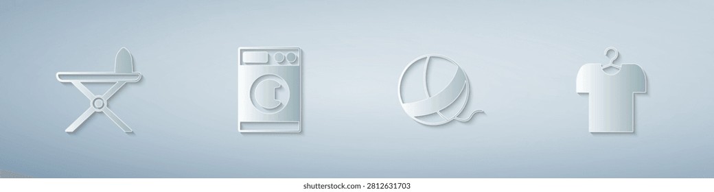 Set Electric iron and ironing board, Washer, Yarn ball and T-shirt hanger. Paper art style. Vector