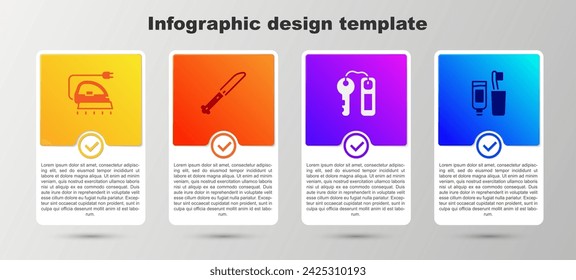 Set Electric iron, Knife, Hotel door lock key and Toothbrush and toothpaste. Business infographic template. Vector