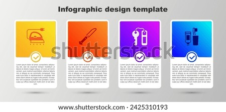 Set Electric iron, Knife, Hotel door lock key and Toothbrush and toothpaste. Business infographic template. Vector