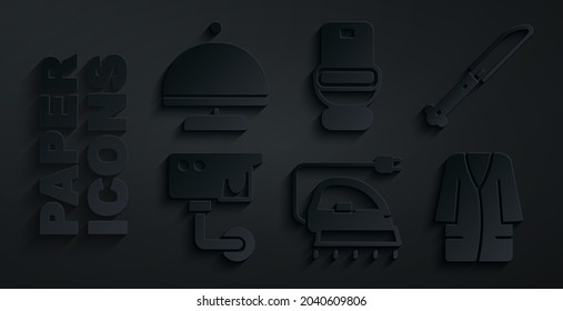 Set Electric iron, Knife, Security camera, Bathrobe, Toilet bowl and Covered with tray icon. Vector