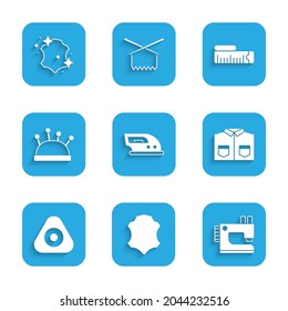 Set Electric iron, Leather, Sewing machine, Shirt, chalk, Needle bed and needles, Tape measure and  icon. Vector