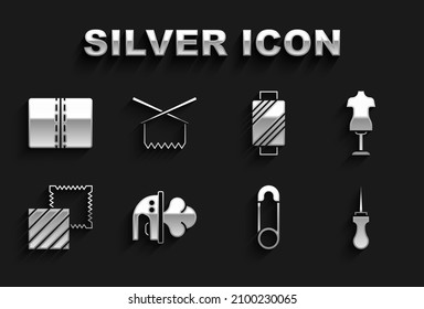 Set Electric iron, Mannequin, Awl tool, Safety pin, Textile fabric roll, Sewing thread spool,  and Knitting needles icon. Vector