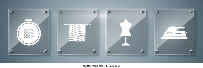 Set Electric iron, Mannequin, Knitting and Round adjustable embroidery hoop. Square glass panels. Vector