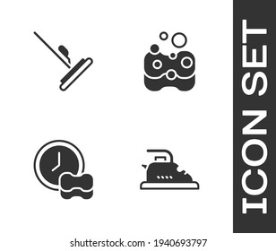 Set Electric iron, Mop, Washing dishes and Sponge icon. Vector
