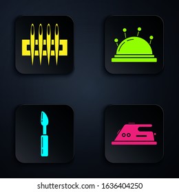 Set Electric iron, Needle for sewing, Cutter tool and Needle bed and needles. Black square button. Vector
