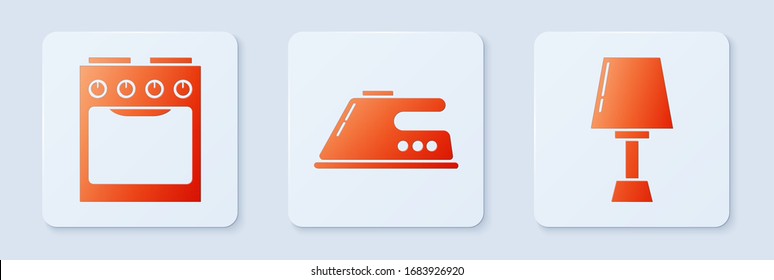 Set Electric iron , Oven  and Table lamp . White square button. Vector
