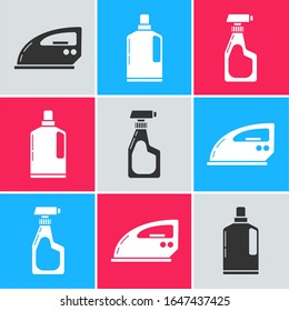 Set Electric iron , Plastic bottles for liquid dishwashing liquid and Cleaning spray bottle with detergent liquid  icon. Vector
