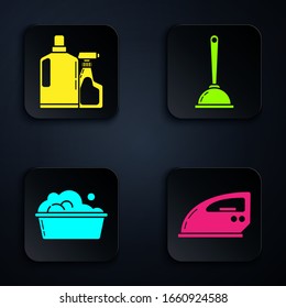 Set Elektrisches Bügeleisen , Plastikflaschen für flüssige Geschirrspülmittel, Plastikbecken mit Seifensuds und Toilettenkolben. Schwarze Quadrat-Taste. Vektorillustration