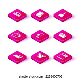 Set Electric iron, Rubber gloves, Plastic bottles for liquid dishwashing liquid, Vacuum cleaner, Washer, basin with soap suds, Dustpan and Trash can icon. Vector