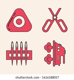 Set Electric iron, Sewing chalk, Scissors and Needle for sewing icon. Vector